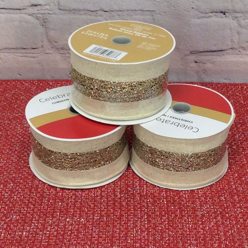 Celebrate it Christmas Ribbon 3 Rolls Burlap w/Gold Glitter Stripe 2.5” x 25’ Ea - Picture 5 of 6